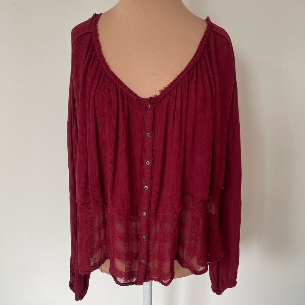 Free People Gauze Rainy Days Swing Blouse Red Rayon Long Sleeve Top EUC Size S